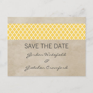 Yellow Rustic Quatrefoil Save the Date Postcard