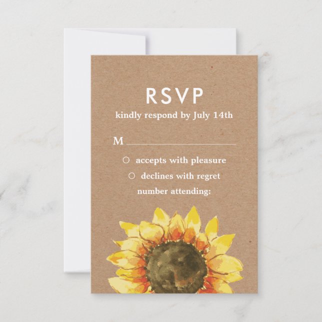 Yellow rustic sunflower. Kraft wedding RSVP Card (Front)
