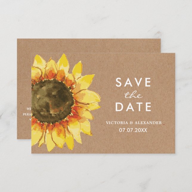 Yellow Rustic sunflower. Postcard save the date (Front/Back)