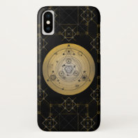 Yellow sacred geometry circle with alchemy pattern