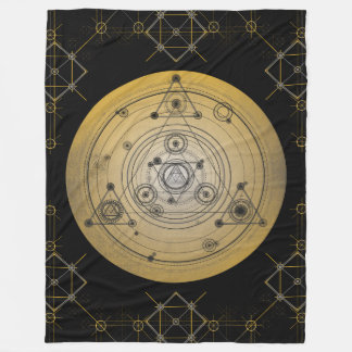 Yellow sacred geometry circle with alchemy pattern fleece blanket