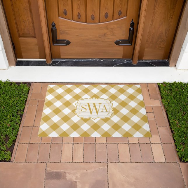 Yellow Saffron Mustard Gingham Family Monogram Doormat (Outdoor)