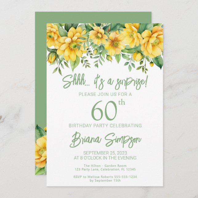Yellow Sage Floral Any Age Surprise Birthday Party Invitation (Front/Back)