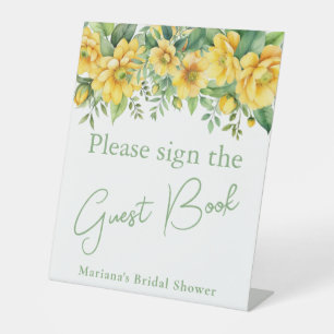 Yellow Sage Floral Bridal Shower Guest Book Table Pedestal Sign