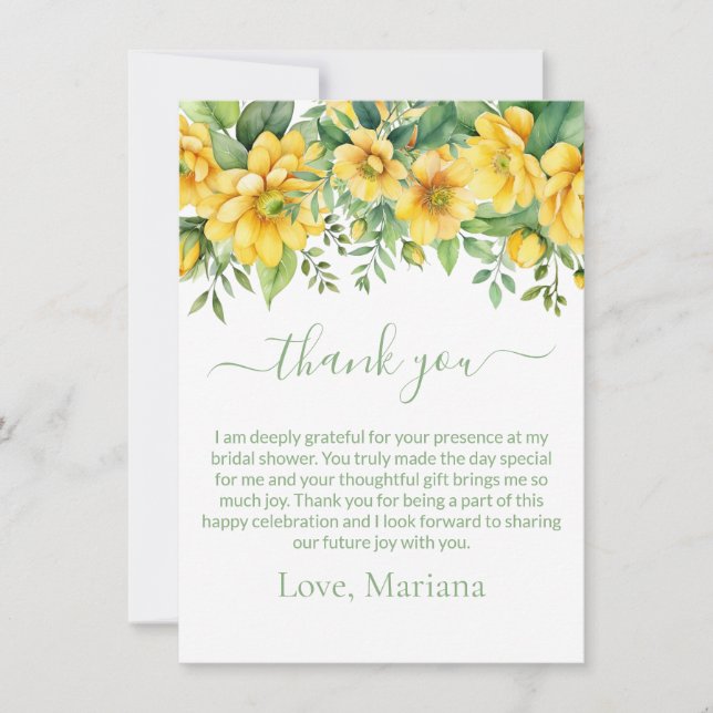 Yellow Sage Floral Bridal Shower Thank You Card (Front)