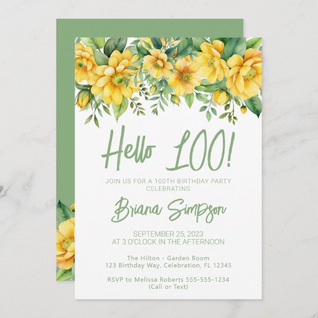 Yellow Sage Green Floral 100th Birthday Party Invitation (Front/Back)