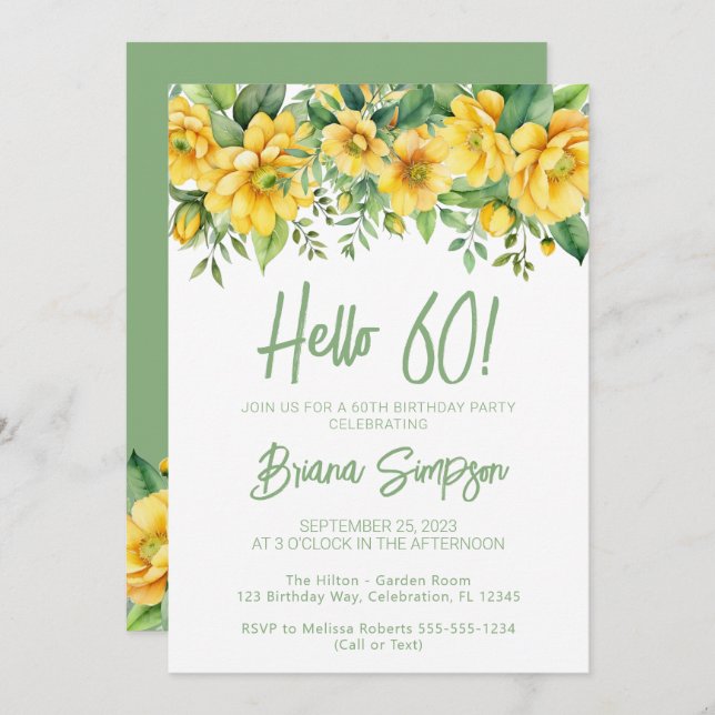 Yellow Sage Green Floral 60th Birthday Party Invitation (Front/Back)