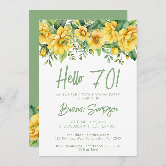 Yellow Sage Green Floral 70th Birthday Party Invitation (Front/Back)
