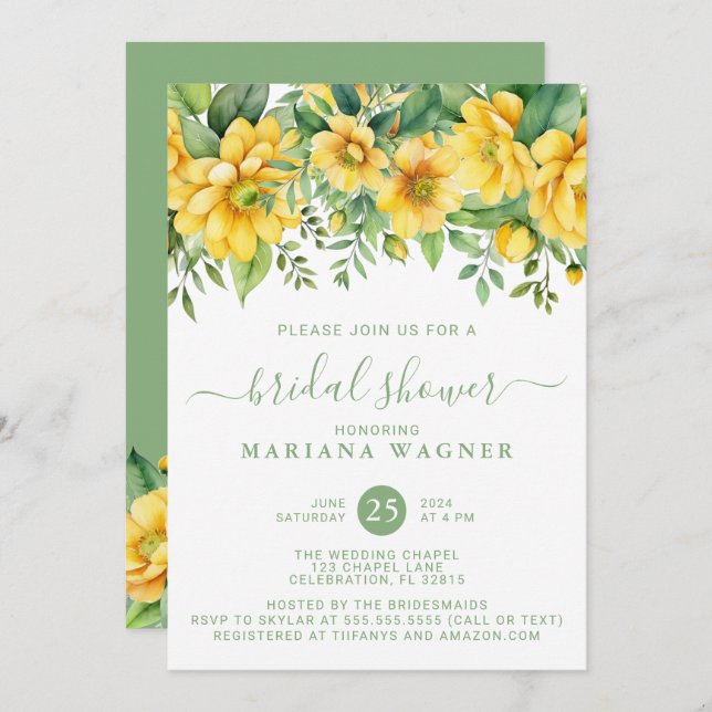Yellow Sage Green Floral Bridal Shower Invitation (Front/Back)