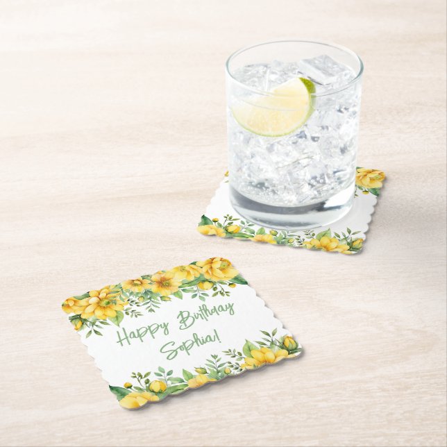 Yellow Sage Green Flowers Floral Party Napkins Paper Coaster (Insitu)