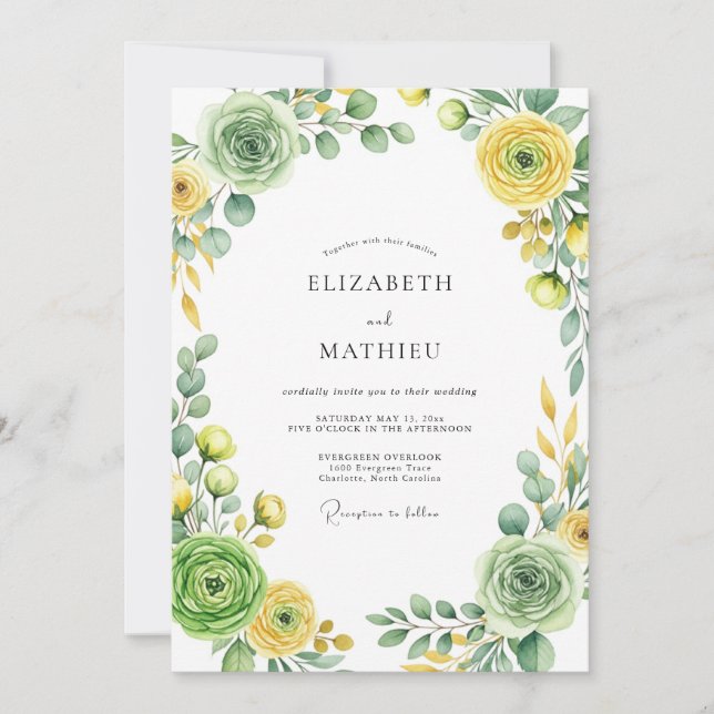 Yellow Sage Green Splendid Spring Wedding Invitation (Front)