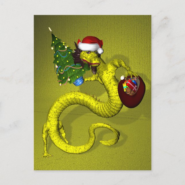 Yellow Santa Dragon Holiday Postcard (Front)