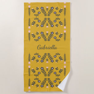 Yellow Scandinavian Folk Flower Personalised Beach Towel