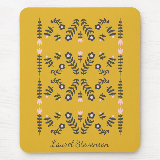 Yellow Scandinavian Folk Flower Personalised Mouse Pad (Front)