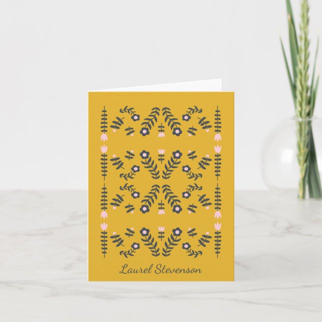Yellow Scandinavian Folk Flower Personalised Note Card (Front)