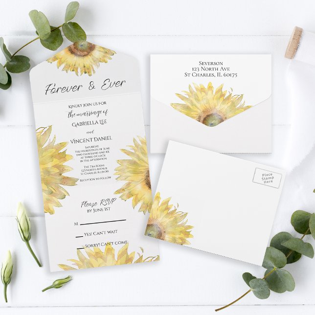 Yellow Scattered Sunflowers Watercolor Wedding All In One Invitation (Creator Uploaded)