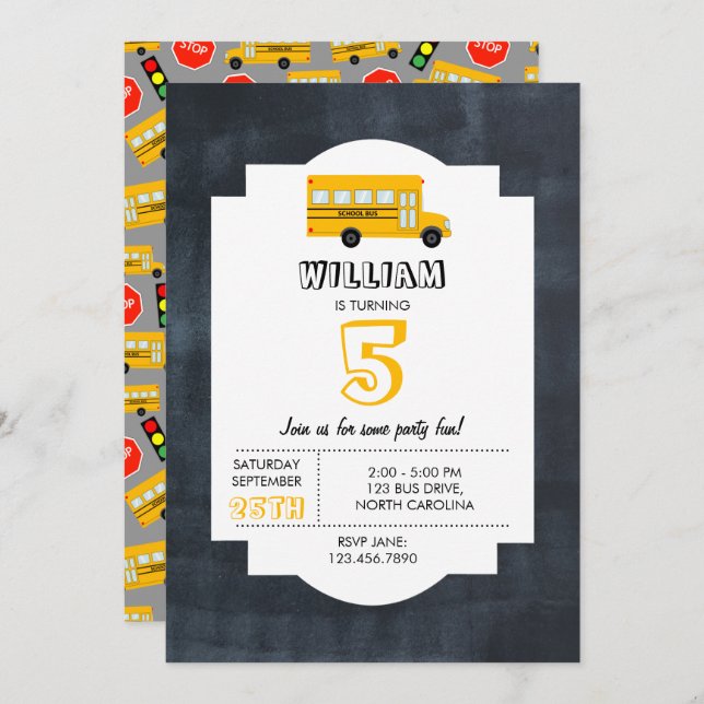 Yellow School Bus Chalkboard Kids Birthday Invitation (Front/Back)
