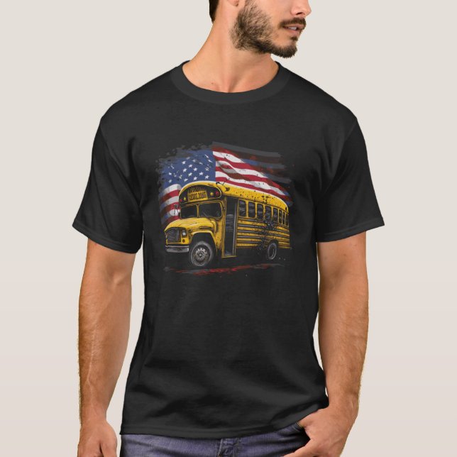 Yellow School Bus Driver on American Flag T-Shirt (Front)