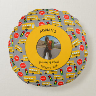 Yellow School Bus First Day of School Custom Photo Round Cushion