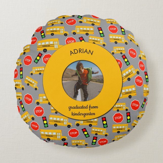 Yellow School Bus Kindergarten Graduation Round Cushion (Front)