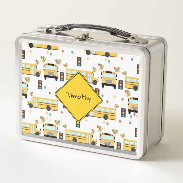 Yellow School Bus Party Kids Custom Name Metal Lunch Box (Front)