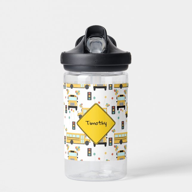 Yellow School Bus Party Kids Custom Name Water Bottle (Front)