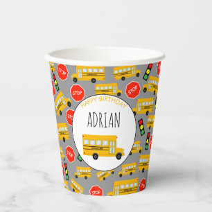 Yellow School Bus Stop Sign Traffic Light Birthday Paper Cups