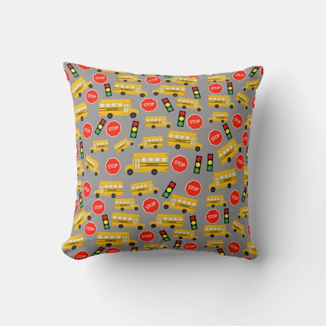 Yellow School Bus Stop Sign Traffic Lights Pattern Cushion (Front)