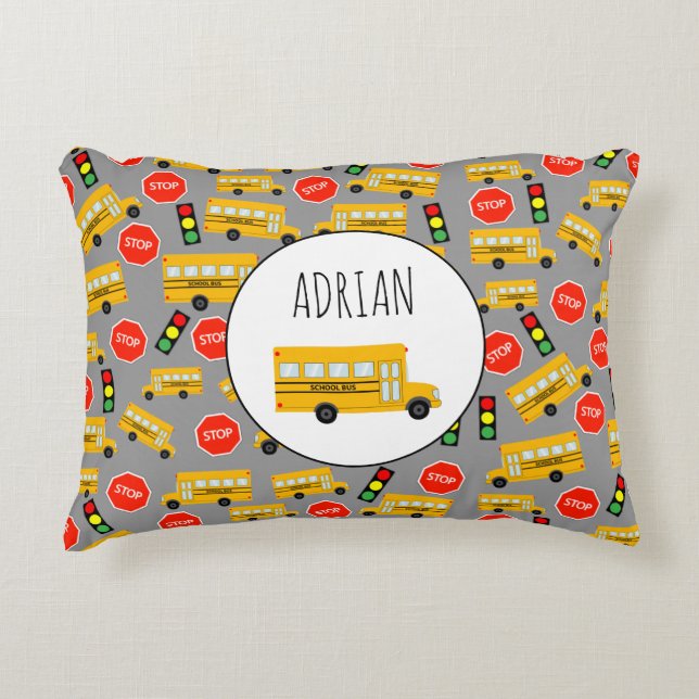 Yellow School Bus Stop Sign Traffic Lights Pattern Decorative Cushion (Front)