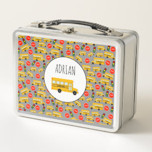 Yellow School Bus Stop Sign Traffic Lights Pattern Metal Lunch Box