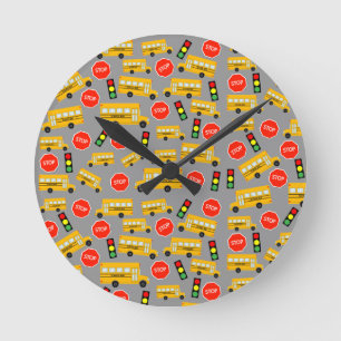 Yellow School Bus Stop Sign Traffic Lights Pattern Round Clock