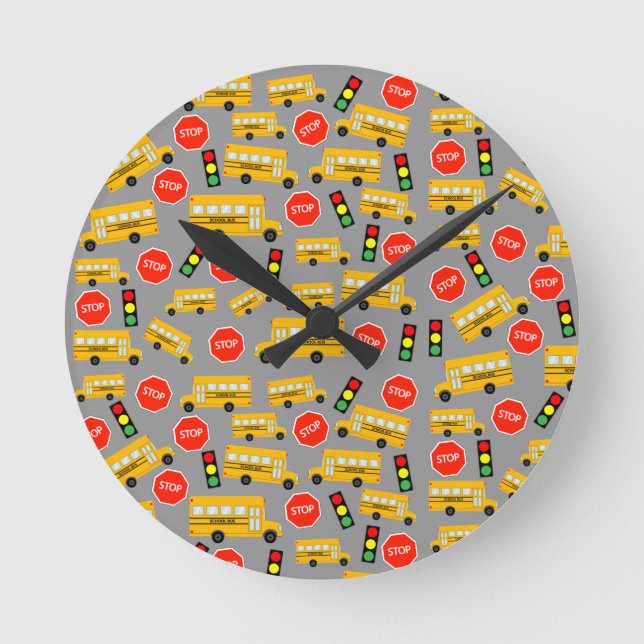 Yellow School Bus Stop Sign Traffic Lights Pattern Round Clock (Front)