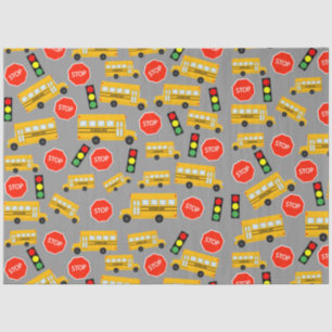 Yellow School Bus Stop Sign Traffic Lights Pattern Tissue Paper