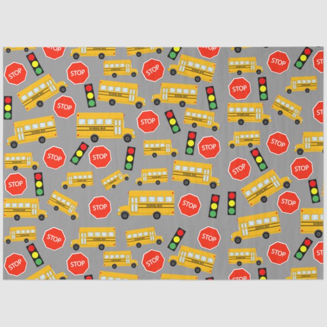 Yellow School Bus Stop Sign Traffic Lights Pattern Tissue Paper (Front)