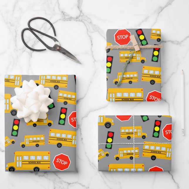 Yellow School Bus Stop Sign Traffic Lights Pattern Wrapping Paper Sheet (Front)