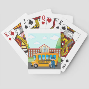 Yellow School Bus with Driver and School Building Playing Cards