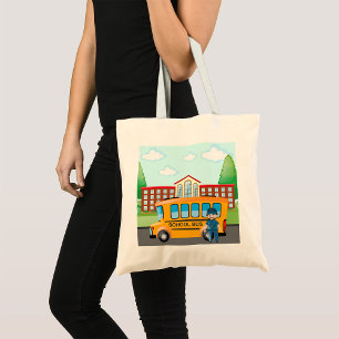 Yellow School Bus with Driver and School Building Tote Bag