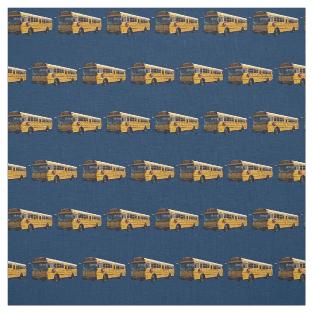 Yellow school buses on navy background fabric (Swatch)