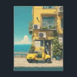 Yellow Scooter by Seaside Postcard<br><div class="desc">A charming coastal scene featuring a bright yellow scooter parked beside a sunlit Mediterranean building. Lush green vines climb the warm ochre walls, while balconies and air-conditioning units add urban character. Beyond the promenade, the deep blue sea stretches under a clear sky. The composition captures relaxed seaside living, summer travel...</div>