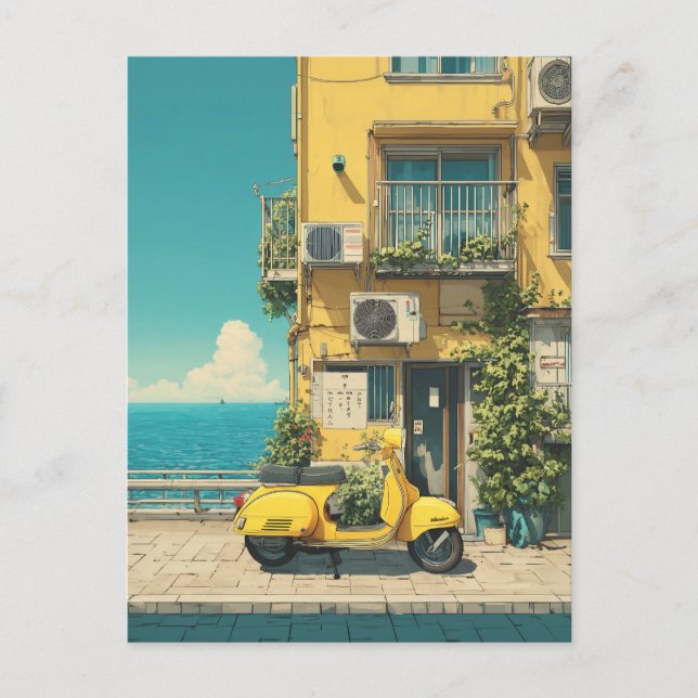 Yellow Scooter by Seaside Postcard (Front)