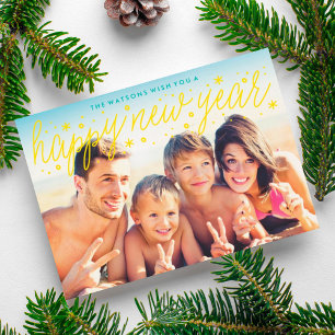 Yellow Script Big Photo Happy New Year Card