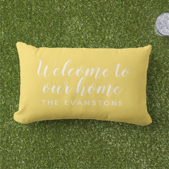 Yellow Script Welcome to Our Home Lumbar Cushion (Grass)
