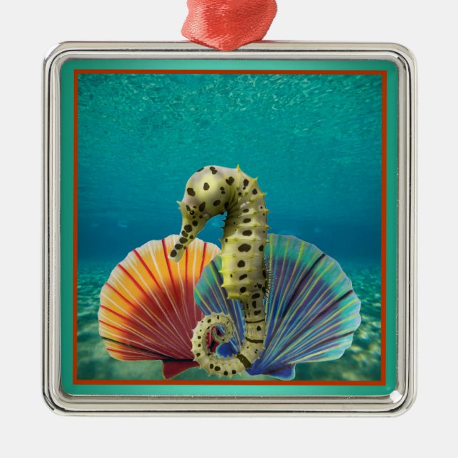 Yellow Seahorse and Scallop Shells Metal Tree Decoration (Front)