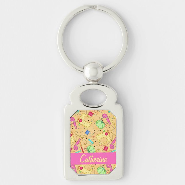 Yellow Sewing Notions Art Name Personalizd Key Ring (Front)