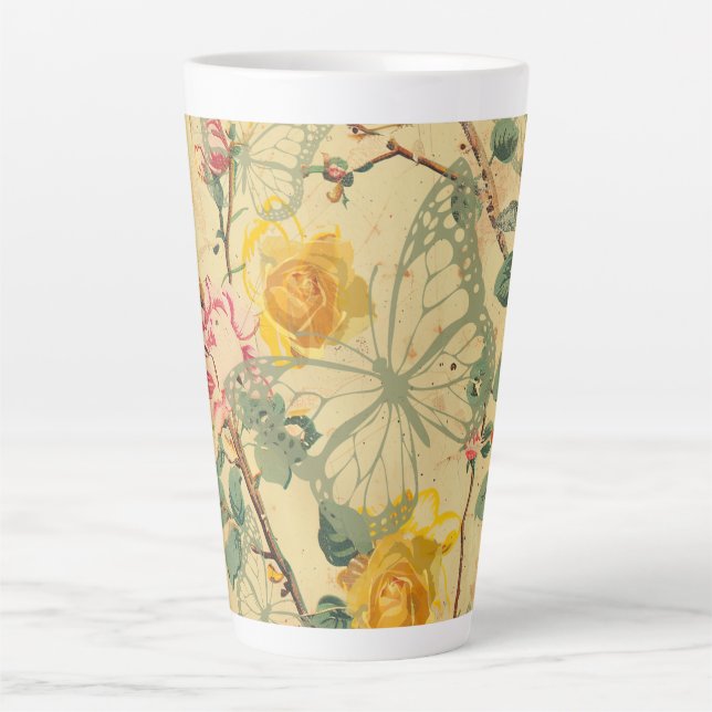 Yellow Shabby Cottage Butterfly Latte Mug (Front)