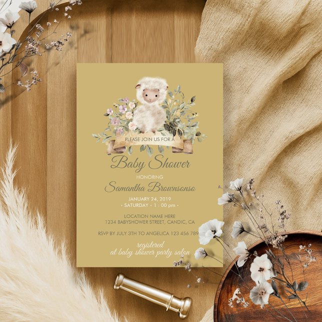 Yellow Sheep Lamb Botanical Ribbon Baby Shower Invitation (Creator Uploaded)