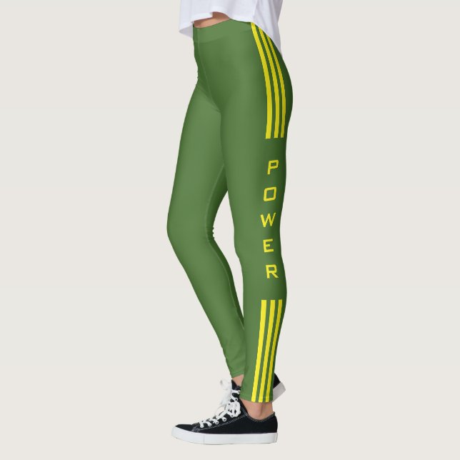 Yellow Side Stripe Green Leggings Power Text (Left)