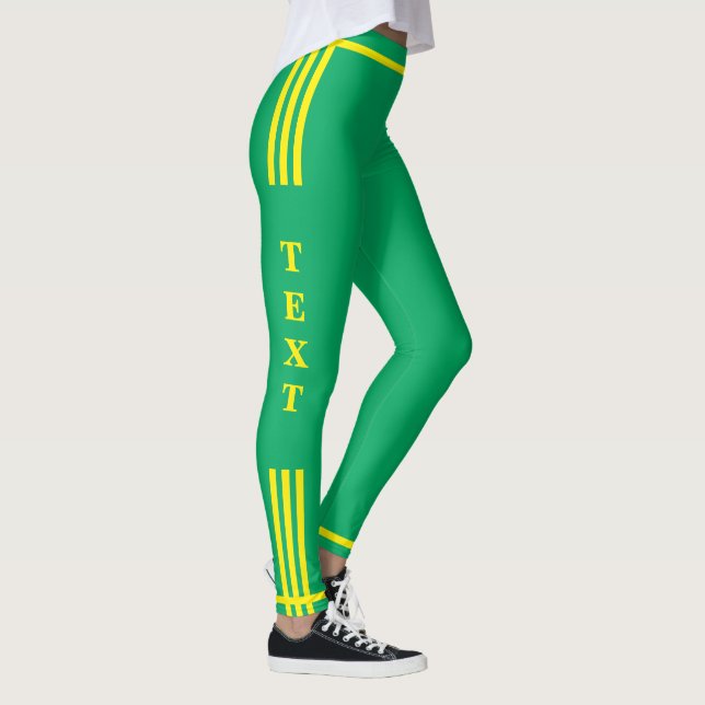 Yellow Side Stripe Green Leggings with Custom Text (Right)