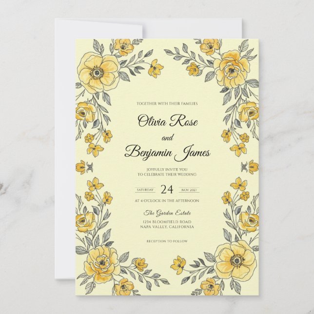 Yellow Silver Bloom Wedding Invitation (Front)