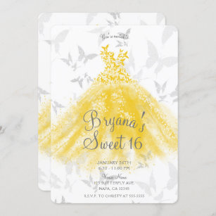 Yellow Silver Butterfly Dance Dress Sweet 16 Party Invitation